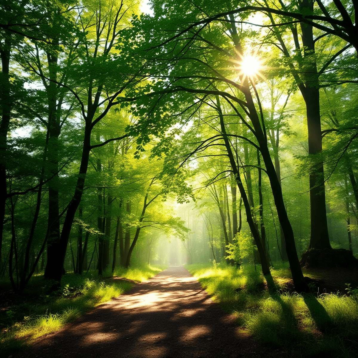 Sunlit forest trail with lush green trees and soft rays filtering through leaves, creating a calm and peaceful atmosphere.