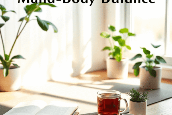 How to Create a Personalized Morning Routine for Mind-Body Balance Sunlit room with yoga mat, journal, herbal tea, and indoor plants creating a calm, balanced morning wellness scene.