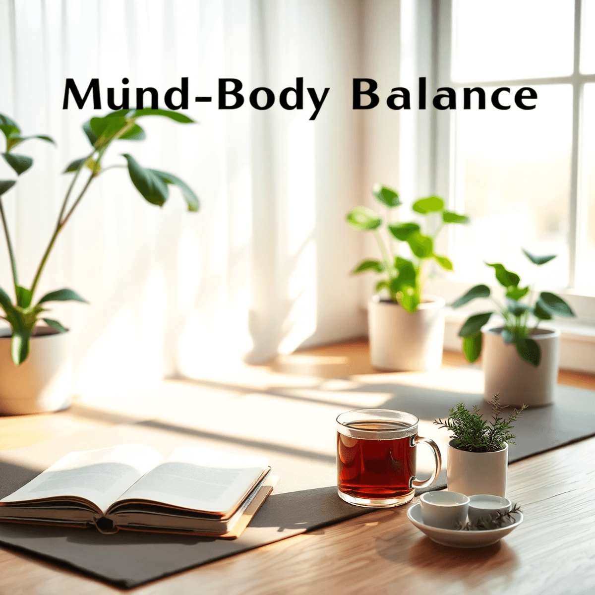 Sunlit room with yoga mat, journal, herbal tea, and indoor plants creating a calm, balanced morning wellness scene.