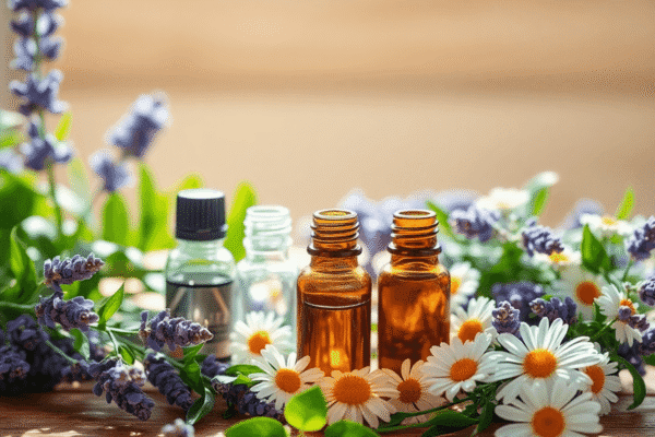 Aromatherapy for Beginners: Essential Oils That Promote Calm and Clarity Sunlit wooden table with small glass essential oil bottles surrounded by lavender, eucalyptus, and chamomile flowers, creating a calm, natural well...