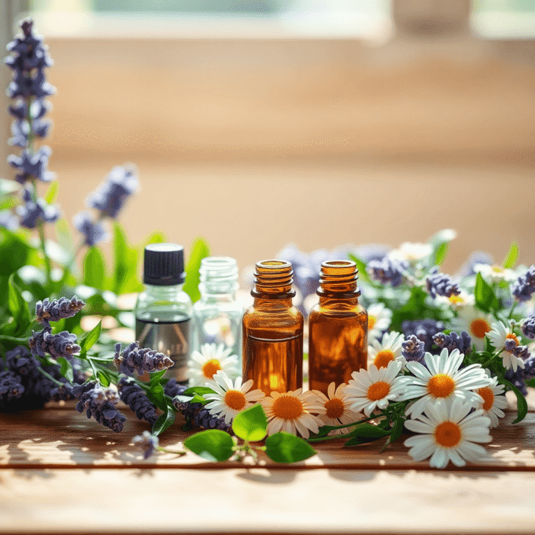 Sunlit wooden table with small glass essential oil bottles surrounded by lavender, eucalyptus, and chamomile flowers, creating a calm, natural well...
