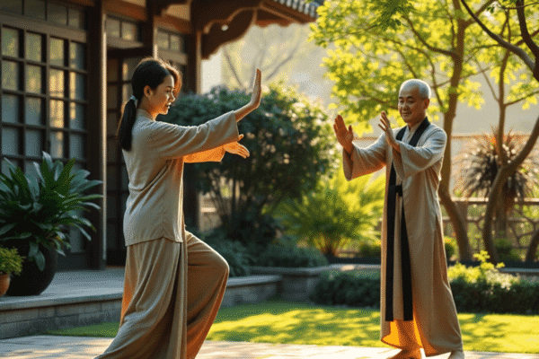 Qi Gong vs. Tai Chi: Which Mind-Body Practice is Right for You? Two people practicing Tai Chi and Qi Gong in a peaceful garden with soft natural light and lush greenery, symbolizing harmony and energy flow.