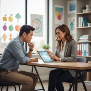 Professional health coach consulting with diverse client in modern office discussing wellness goals