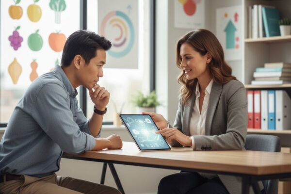 Professional health coach consulting with diverse client in modern office discussing wellness goals