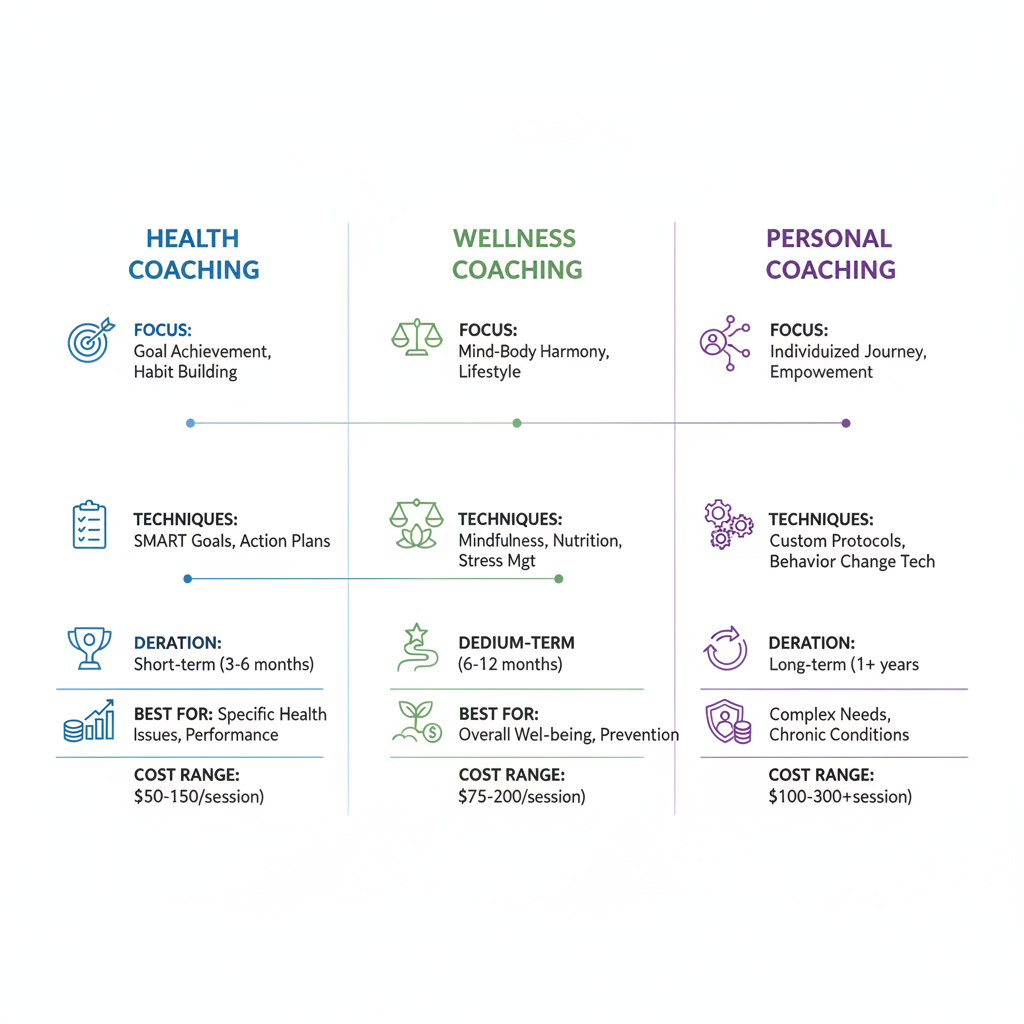 Infographic comparing health, wellness, and personal health coaching principles with icons and charts