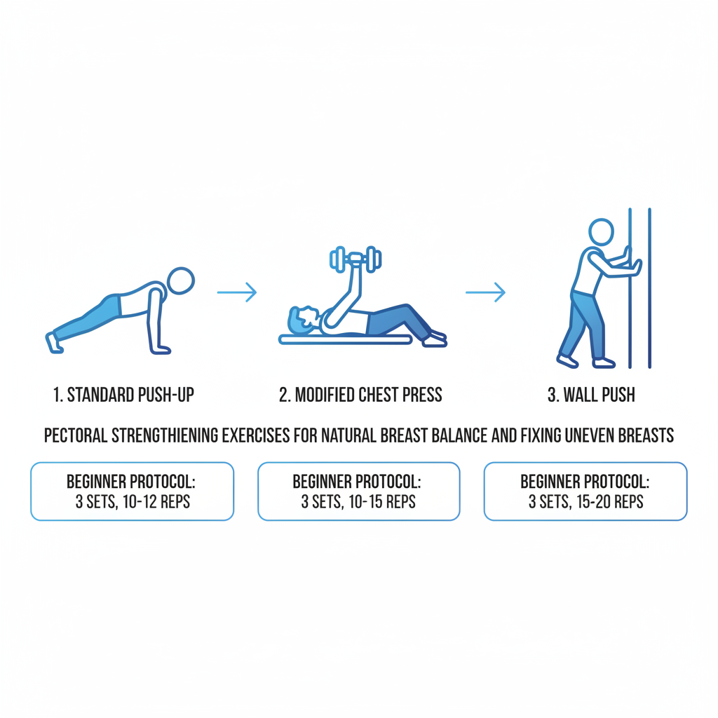 Horizontal process flow diagram illustrating three basic pectoral strengthening exercises: standard push-up, modified chest press, and wall push for beginners.