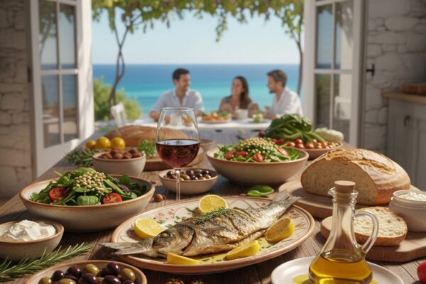 Vibrant professional photograph of Mediterranean diet foods in a sunlit coastal kitchen, emphasizing fresh ingredients and healthy eating.