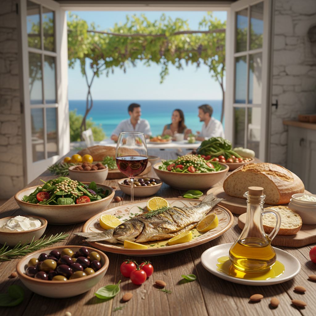 Vibrant professional photograph of Mediterranean diet foods in a sunlit coastal kitchen, emphasizing fresh ingredients and healthy eating.