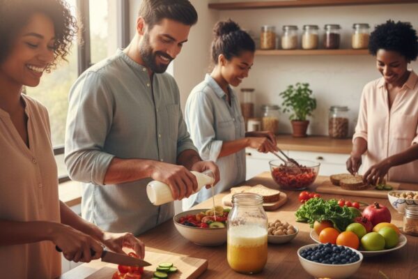 Diverse group of adults joyfully preparing nutritious, gut-healthy meal in sunny modern kitchen, emphasizing wellness and community.