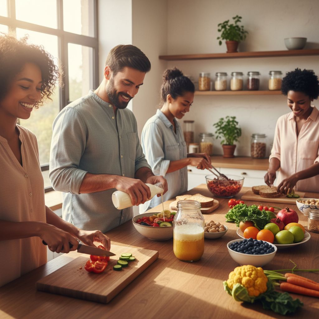 Diverse group of adults joyfully preparing nutritious, gut-healthy meal in sunny modern kitchen, emphasizing wellness and community.