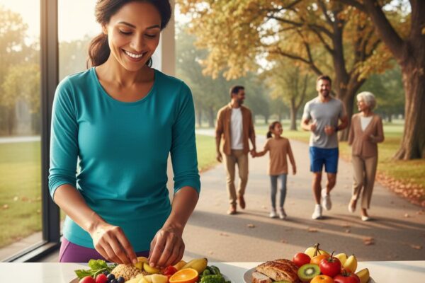 Vibrant group of diverse people engaging in balanced weight management activities including healthy eating, jogging, and family walking in a park.
