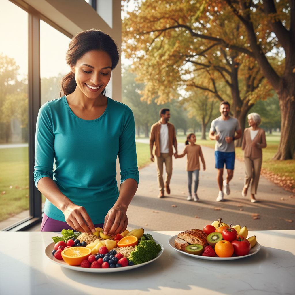 Vibrant group of diverse people engaging in balanced weight management activities including healthy eating, jogging, and family walking in a park.