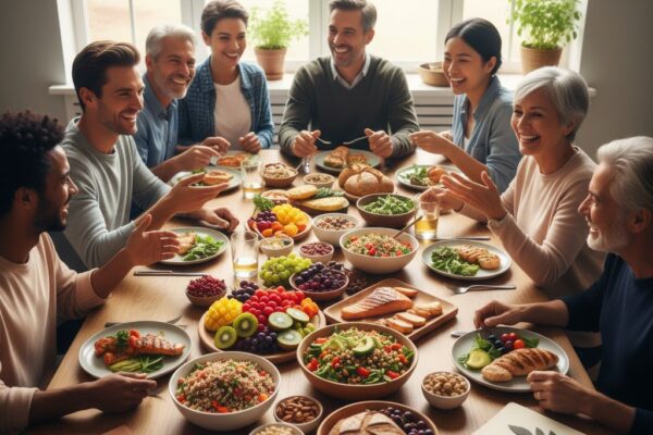 Diverse group of people enjoying a vibrant, nutrient-rich communal meal in a modern sunlit kitchen, promoting holistic wellbeing nutrition.