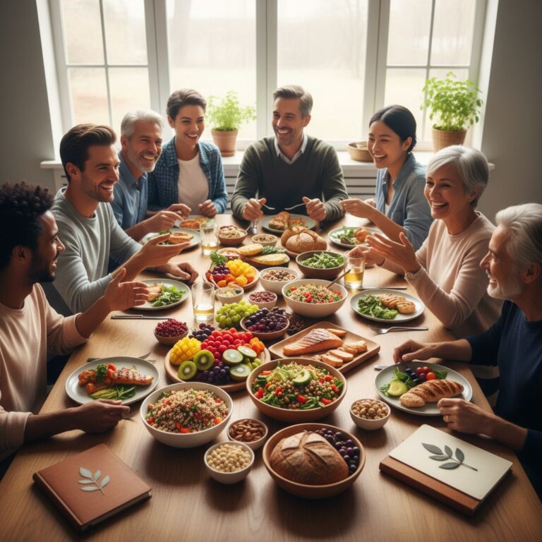 Diverse group of people enjoying a vibrant, nutrient-rich communal meal in a modern sunlit kitchen, promoting holistic wellbeing nutrition.