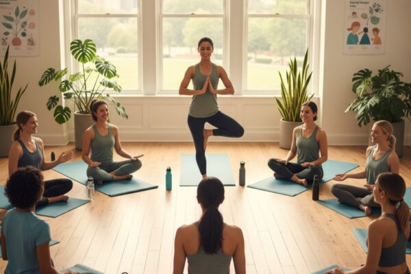 Diverse group of employees participating in a team yoga session in a modern office, promoting wellness and camaraderie.