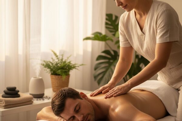 Professional photograph of a serene wellness massage therapy session in a home spa, highlighting therapist applying strokes with essential oils and hot stones.