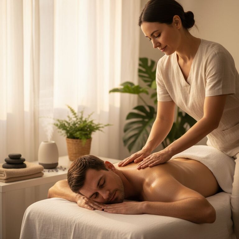 Professional photograph of a serene wellness massage therapy session in a home spa, highlighting therapist applying strokes with essential oils and hot stones.