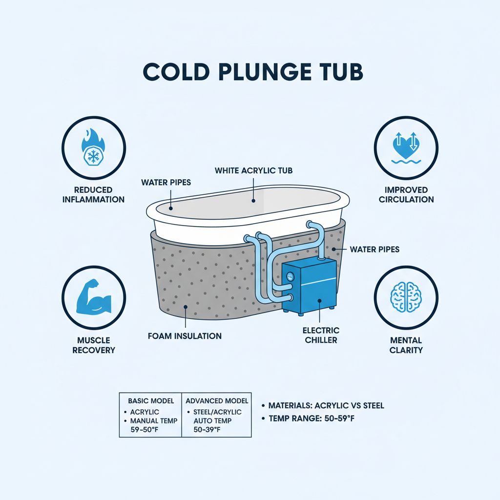 Infographic showing components and benefits of cold plunge tubs with diagram and comparison chart