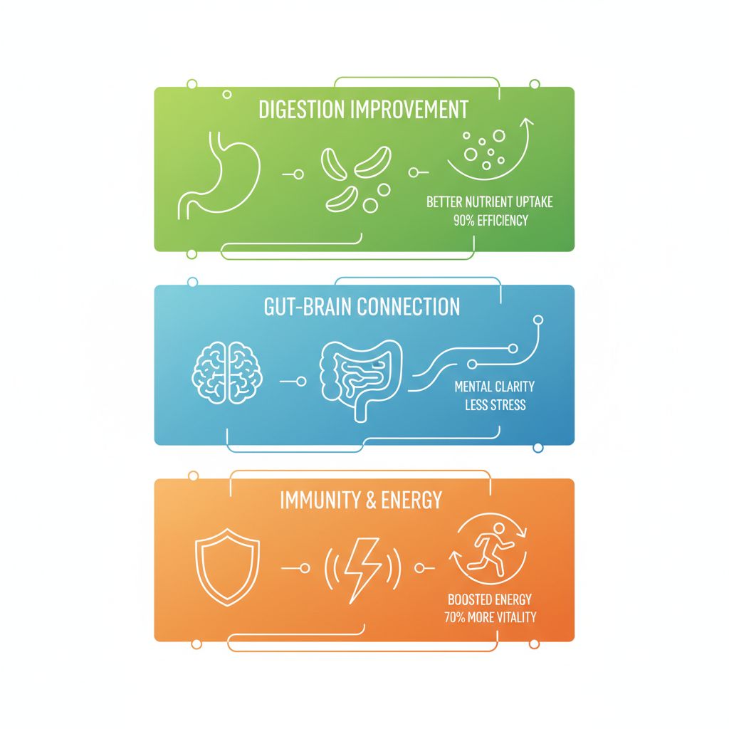 Infographic depicting the key benefits of gut health including improved digestion, gut-brain connection, and boosted immunity with illustrative icons.