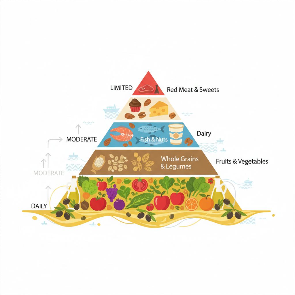 Infographic depicting the Mediterranean diet food pyramid with layered food groups and frequency indicators.
