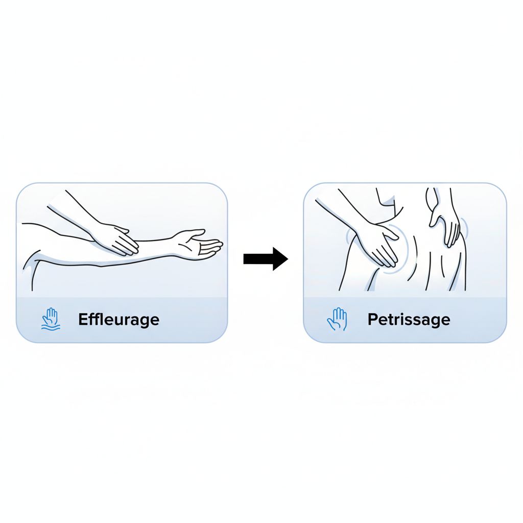 Horizontal process flow diagram illustrating effleurage and petrissage massage techniques with hand icons and arrow connection.