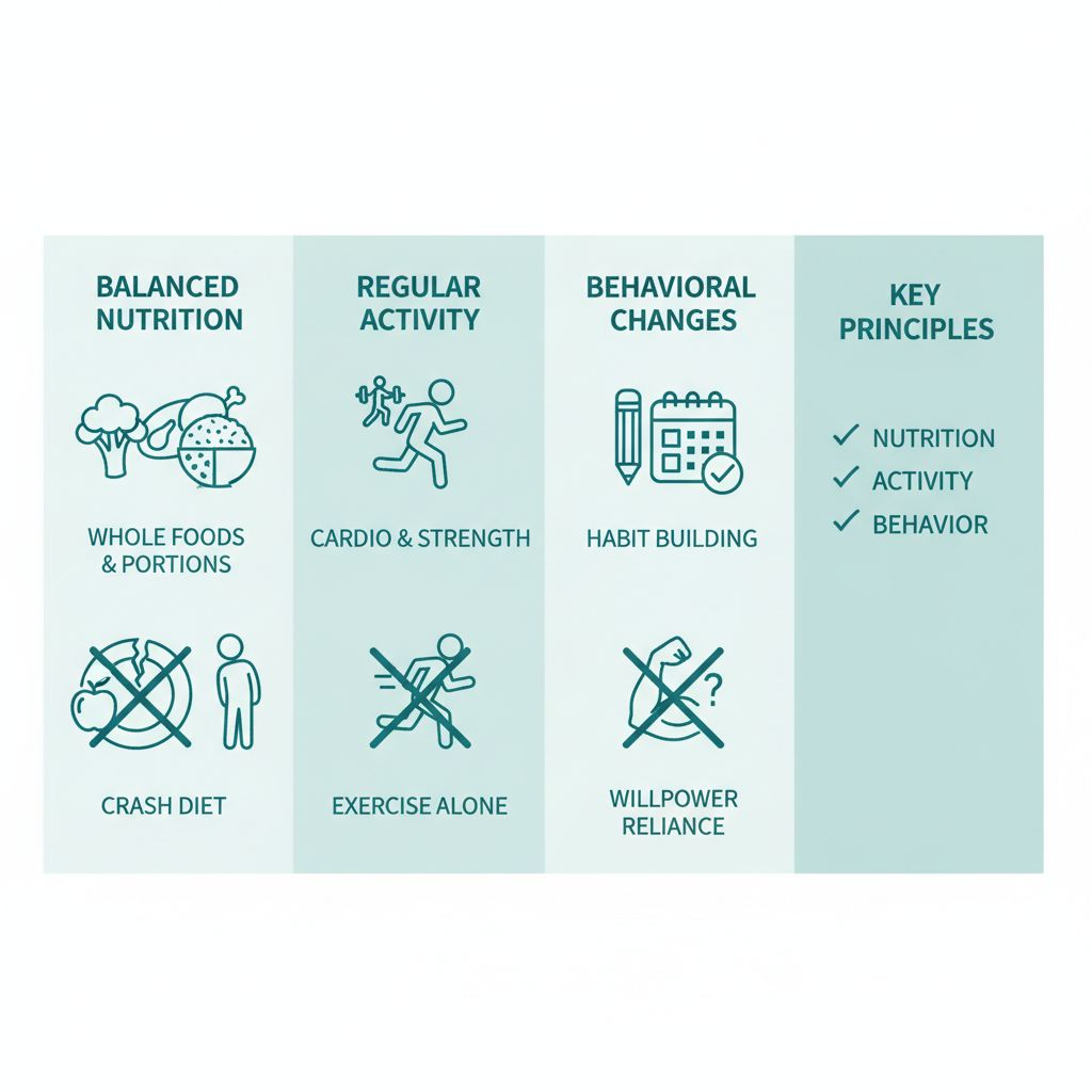 Infographic comparing weight management principles like nutrition, activity, and behaviors against common myths using icons and minimal labels