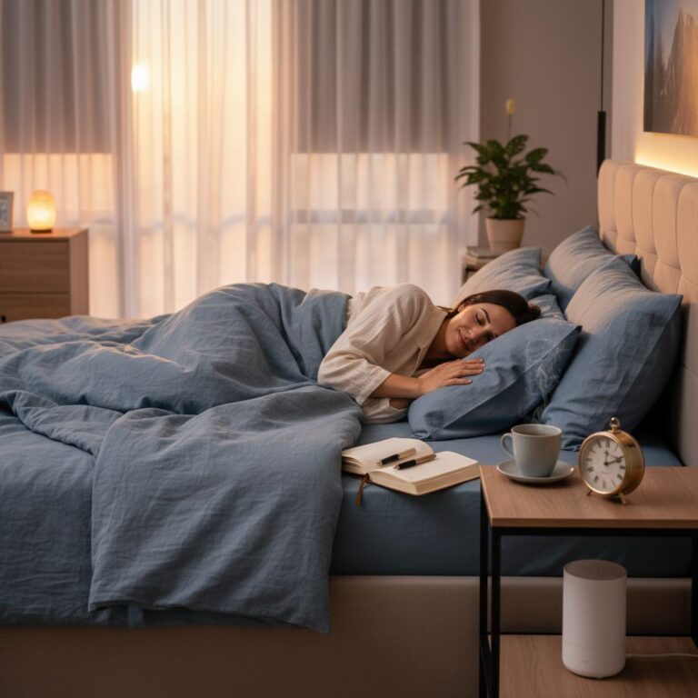 Serene bedroom at dusk promoting sleep optimization for better rest and wellness.