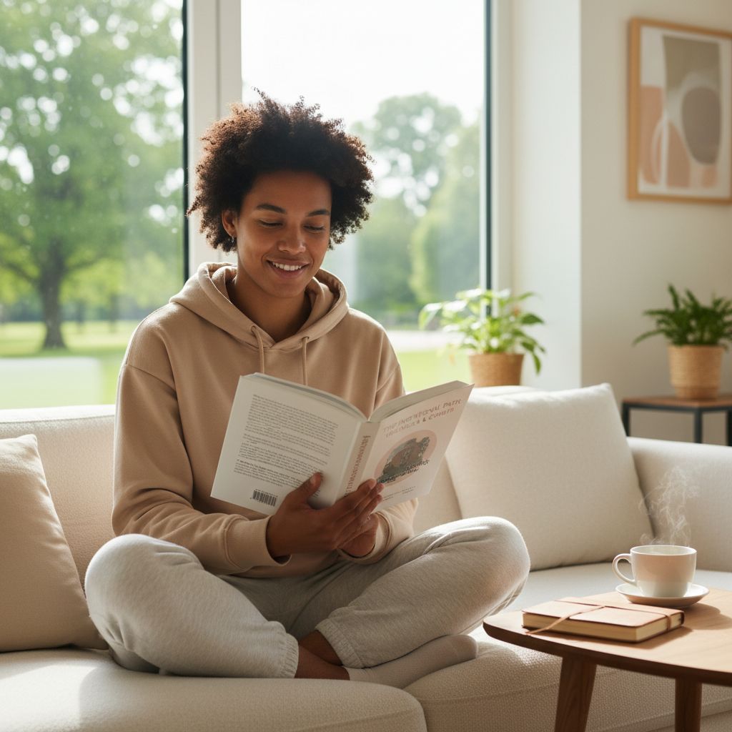 Serene image of young adult reading wellness book in peaceful living room setting