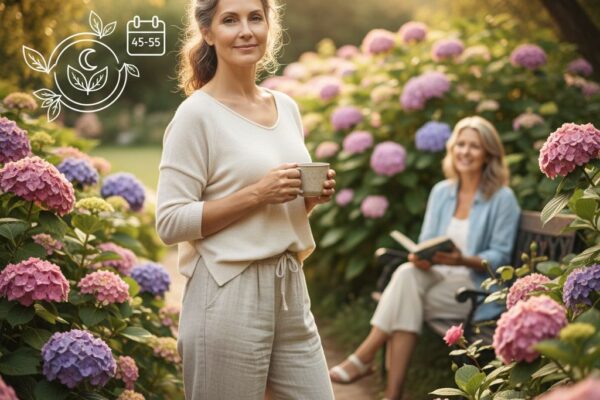 Confident middle-aged woman in sunlit garden holding herbal tea, symbolizing empowered menopause journey with books and friend in background.
