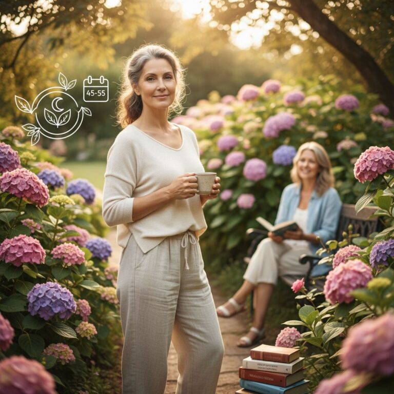 Confident middle-aged woman in sunlit garden holding herbal tea, symbolizing empowered menopause journey with books and friend in background.