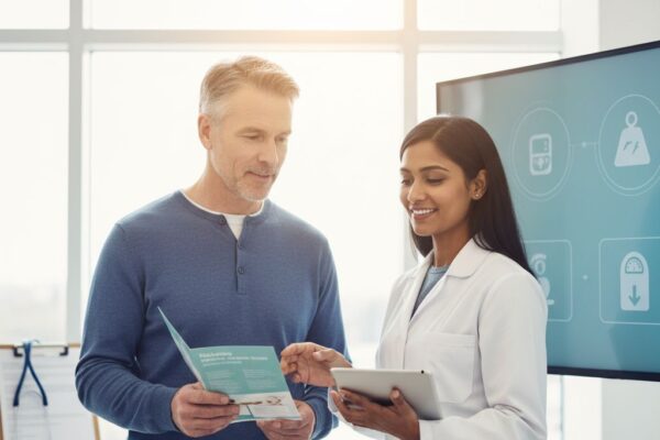 Healthcare provider discussing GLP-1 medications with engaged patient in modern clinic