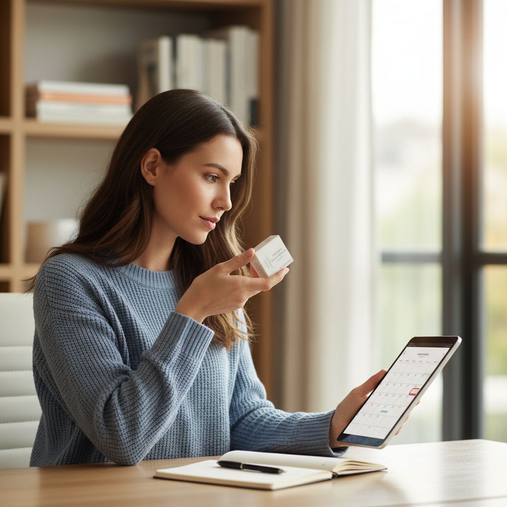 Young woman in home office reviewing calendar on tablet while holding pill box for emergency contraception, focused and empowered with educational surroundings.