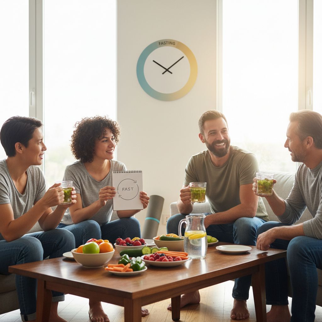 Diverse group of adults in a modern living room discussing intermittent fasting with healthy foods and a clock, promoting wellness and community.