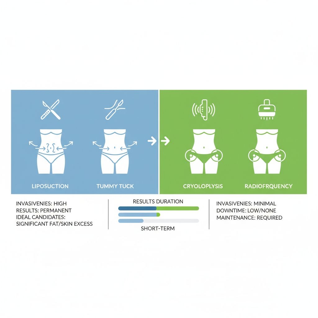 Infographic comparing surgical and non-surgical body contouring methods with icons and minimal labels.