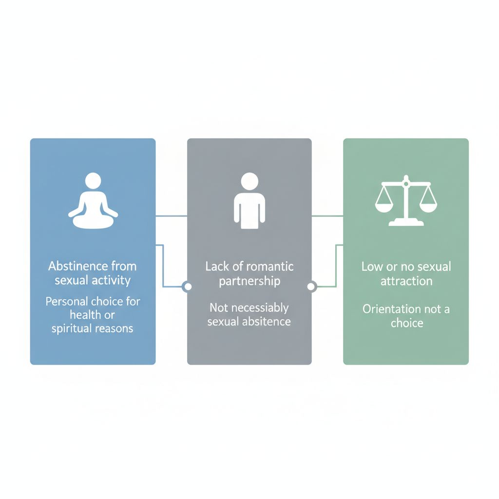 Professional infographic comparing concepts of celibacy, singleness, and asexuality with icons and brief labels