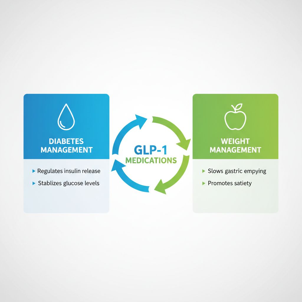 Infographic comparing key uses of GLP-1 medications for diabetes management and weight loss with icons and brief labels.
