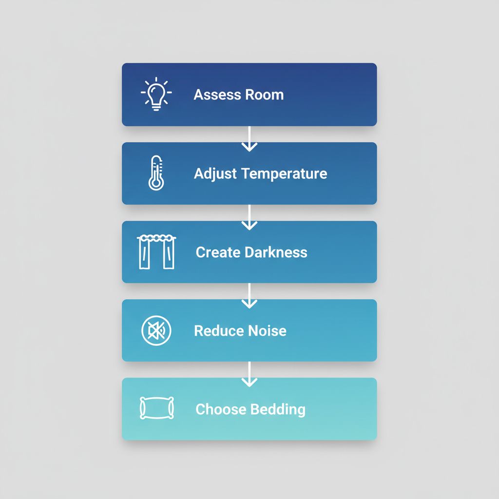 Vertical process flow diagram illustrating five steps to optimize sleep environment with icons and minimal labels