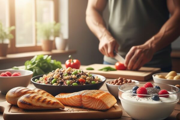 Vibrant display of high-protein foods including chicken, salmon, quinoa salad, and Greek yogurt on a wooden table in a sunlit kitchen, with a person preparing vegetables in the background.