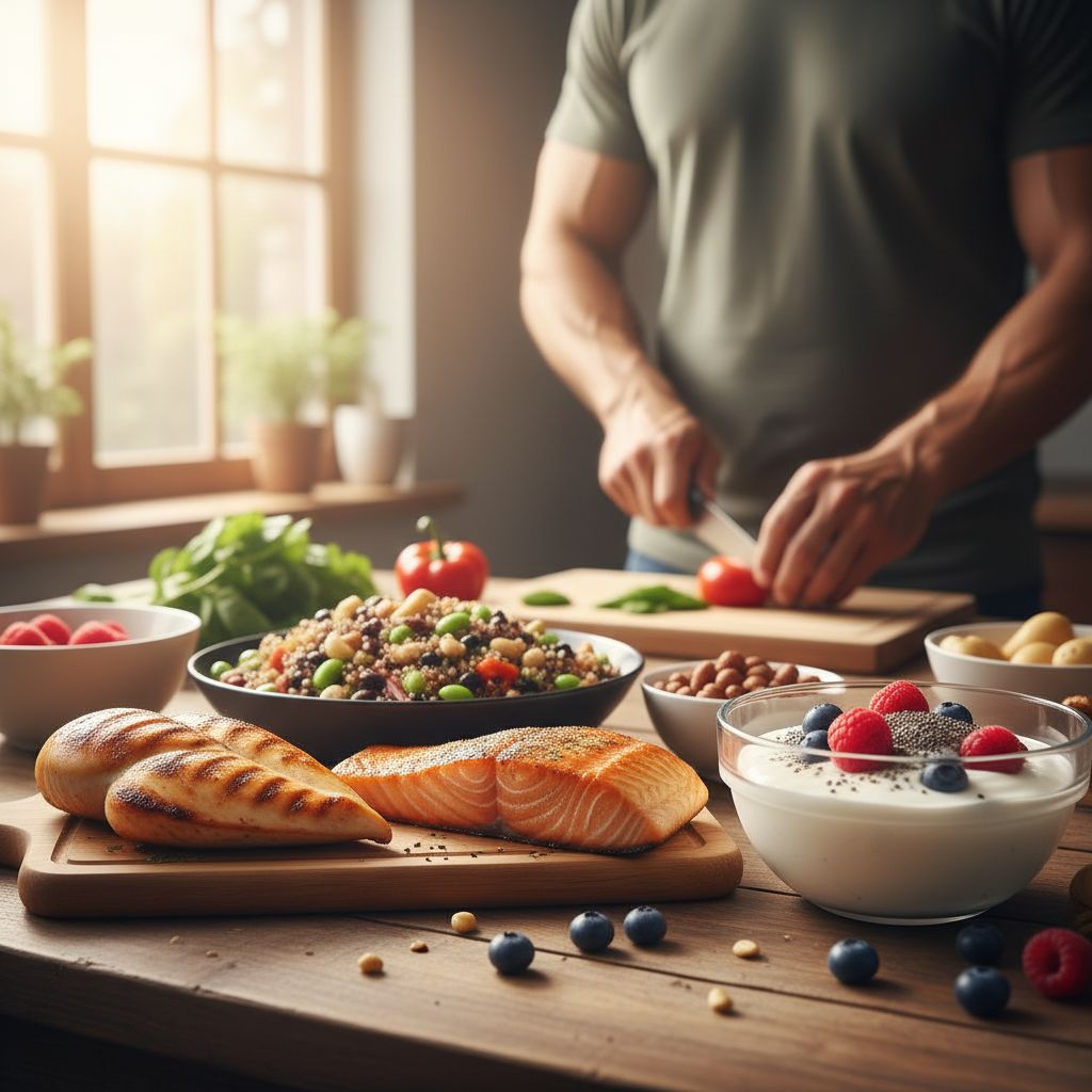 Vibrant display of high-protein foods including chicken, salmon, quinoa salad, and Greek yogurt on a wooden table in a sunlit kitchen, with a person preparing vegetables in the background.