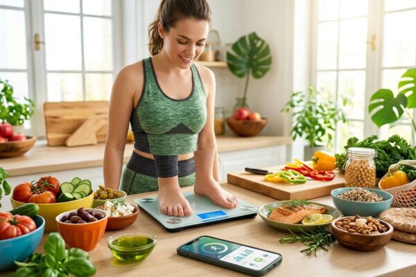 Confident young woman on digital scale celebrating weight loss amid vibrant Mediterranean diet foods, smartphone app, and meal prep in sunlit kitchen.