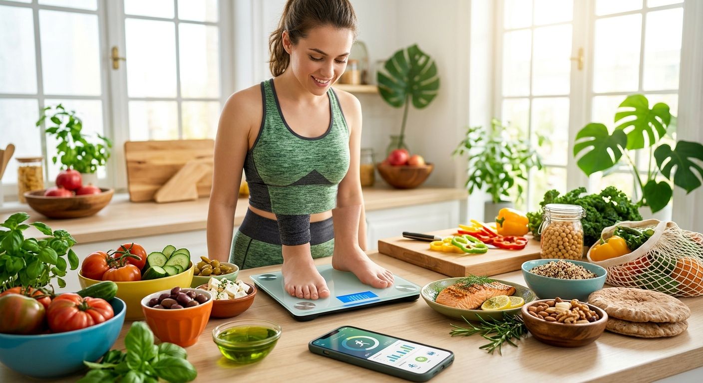 Confident young woman on digital scale celebrating weight loss amid vibrant Mediterranean diet foods, smartphone app, and meal prep in sunlit kitchen.