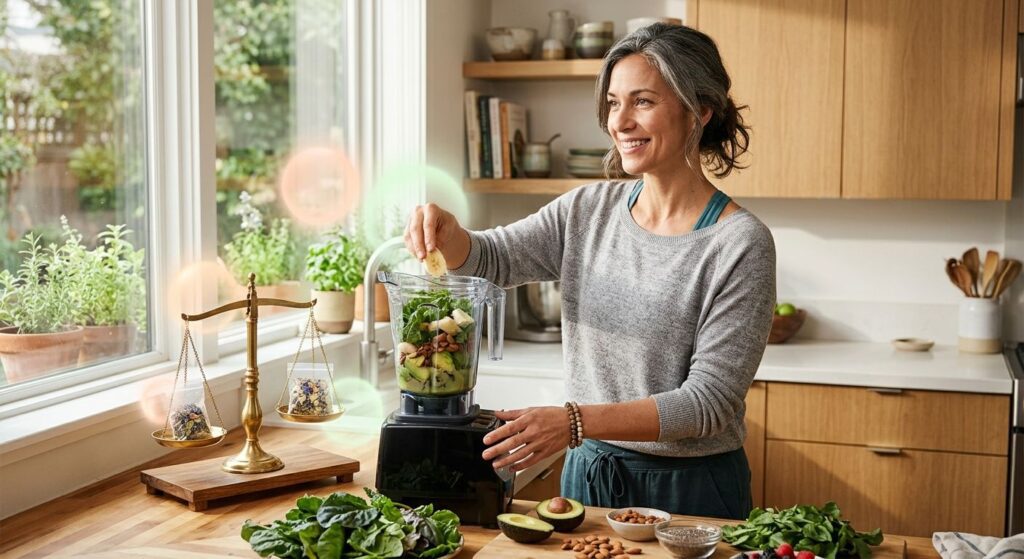Empowered midlife woman preparing green smoothie in sunlit kitchen symbolizing hormone balance and wellness.