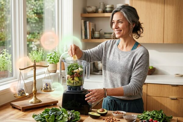 Empowered midlife woman preparing green smoothie in sunlit kitchen symbolizing hormone balance and wellness.