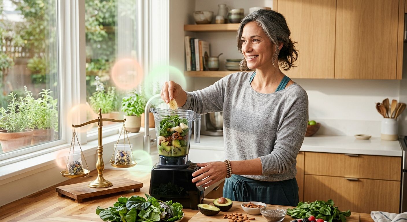 Empowered midlife woman preparing green smoothie in sunlit kitchen symbolizing hormone balance and wellness.