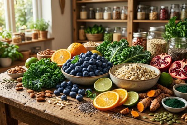 Vibrant professional photo of superfoods like blueberries kale almonds quinoa citrus and turmeric on sunlit wooden table in kitchen.