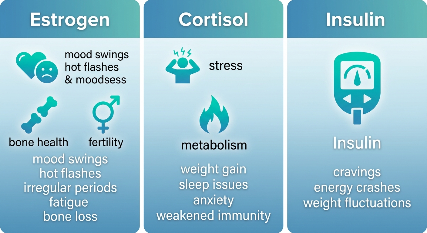 Infographic illustrating Estrogen, Cortisol, and Insulin hormones with associated icons and imbalance symptoms.