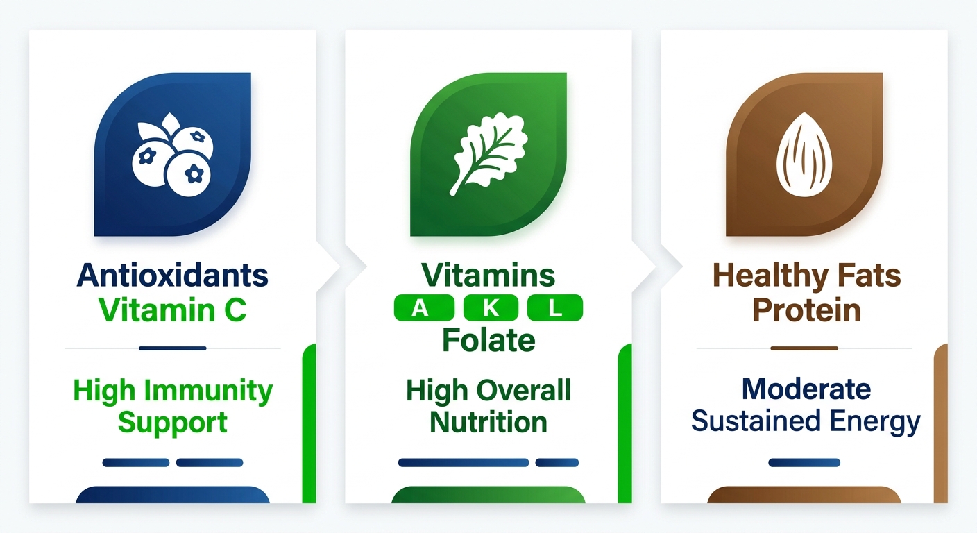 Infographic illustrating core nutrients in superfoods: berries with antioxidants, leafy greens with vitamins, nuts with healthy fats.