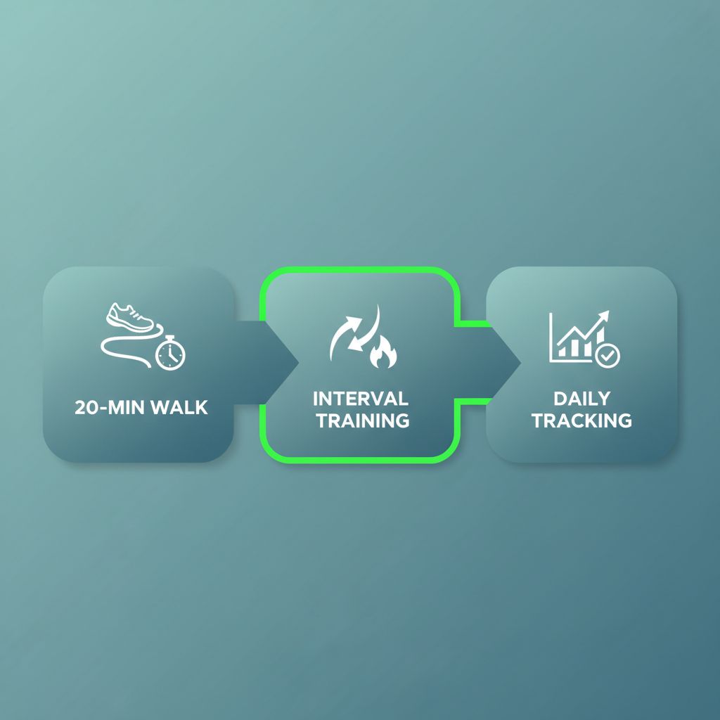 Horizontal process flow diagram of a three-stage walking routine for weight loss, featuring icons and minimal labels.