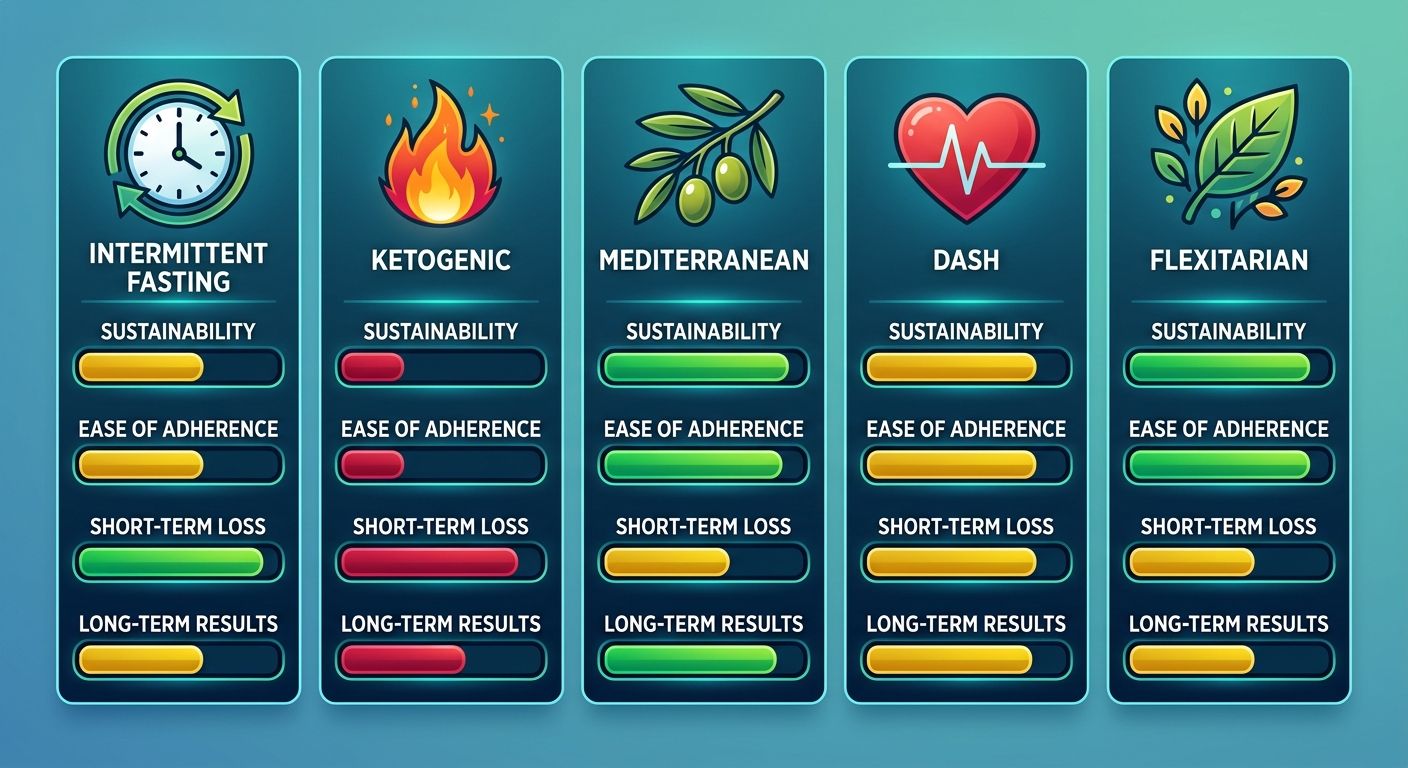 Infographic comparing five top weight loss diets with icons and bar chart ratings for sustainability, adherence, short-term loss, and long-term results